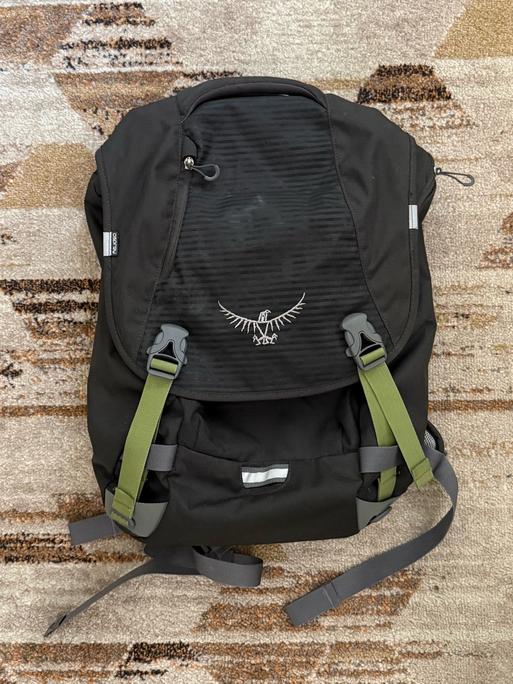 OSPREY Black Laptop Backpack with Olive Green Straps